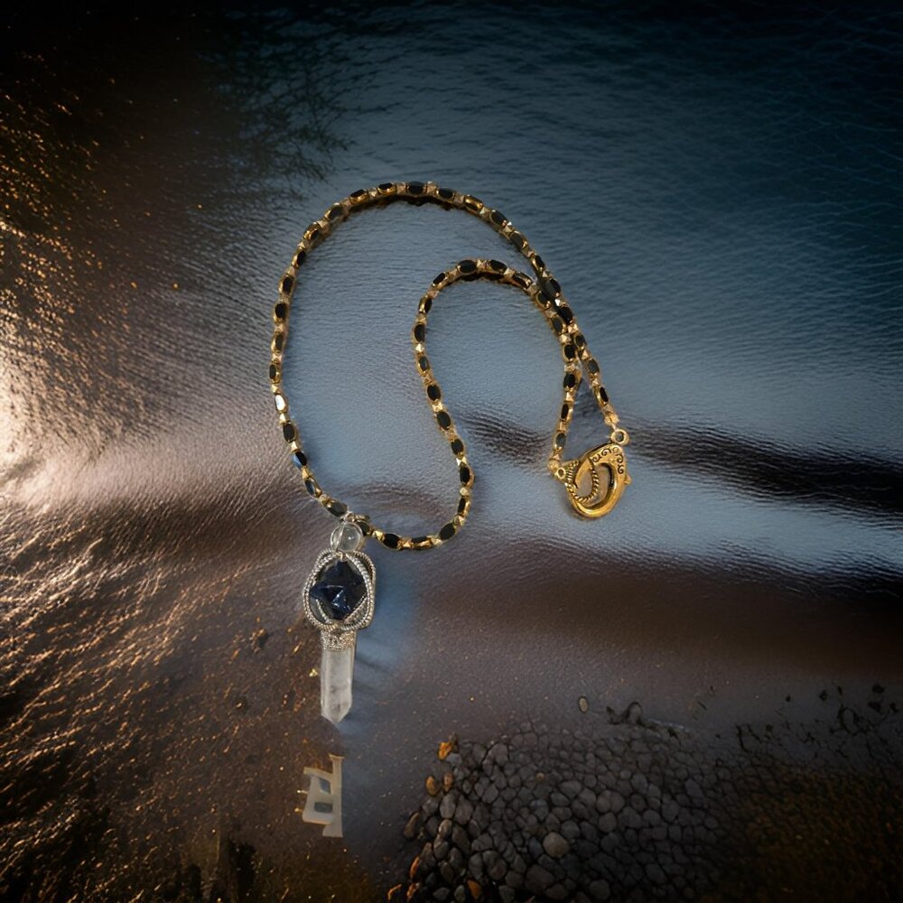 Lapis and Crystal Point Spinner Necklace in black/gold